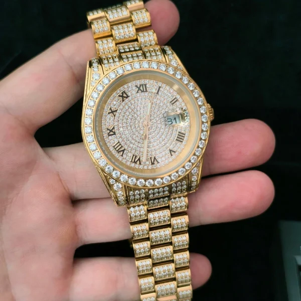 Classic Roman Number Steel Moissanite Iced Watch