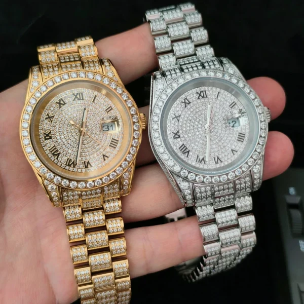 Classic Roman Number Steel Moissanite Iced Watch