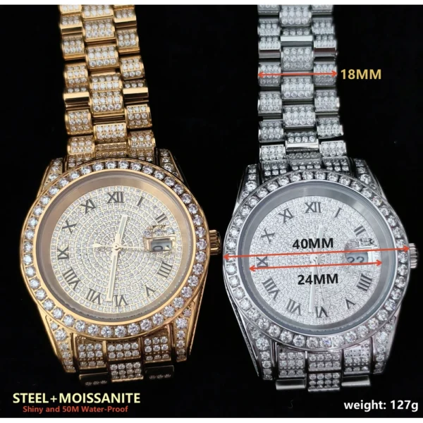 Classic Roman Number Steel Moissanite Iced Watch