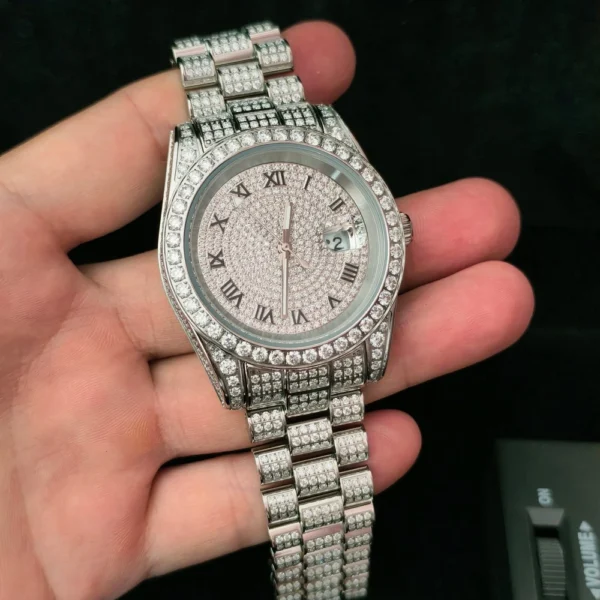 Classic Roman Number Steel Moissanite Iced Watch