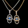 Iced Out Hamsa Hand Evil Eye Pendant Necklace**