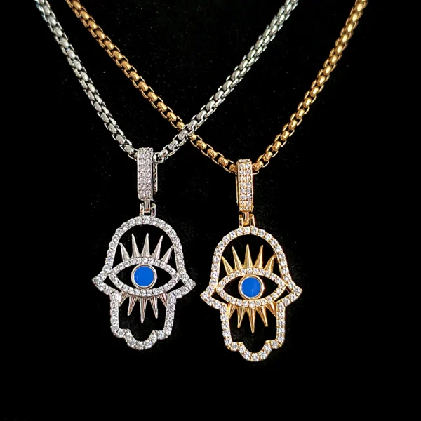 Iced Out Hamsa Hand Evil Eye Pendant Necklace**