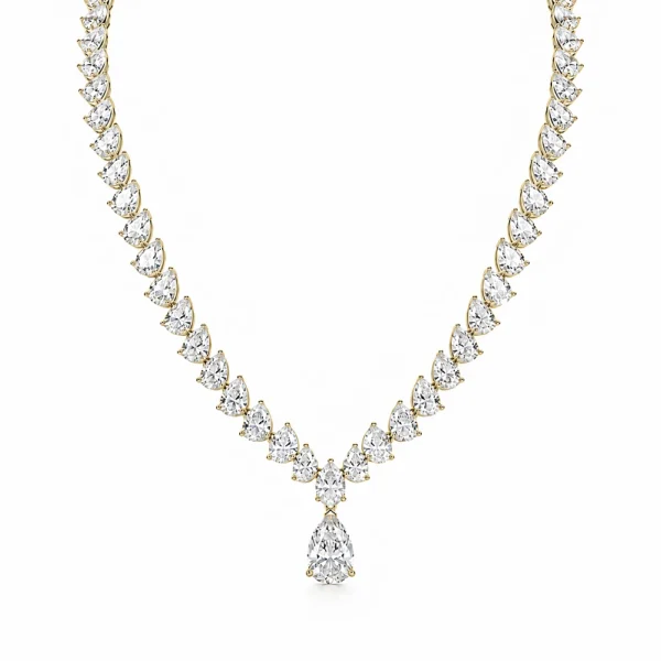 Woman wearing silver moissanite pear necklace in a bright interior - gala dinner jewelry