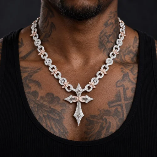 Full view of a silver moissanite star cross pendant necklace with iced-out circular links on black