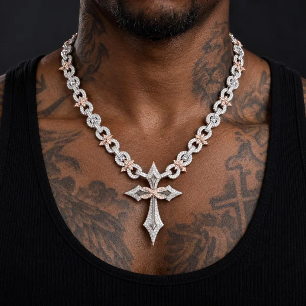 Full view of a silver moissanite star cross pendant necklace with iced-out circular links on black